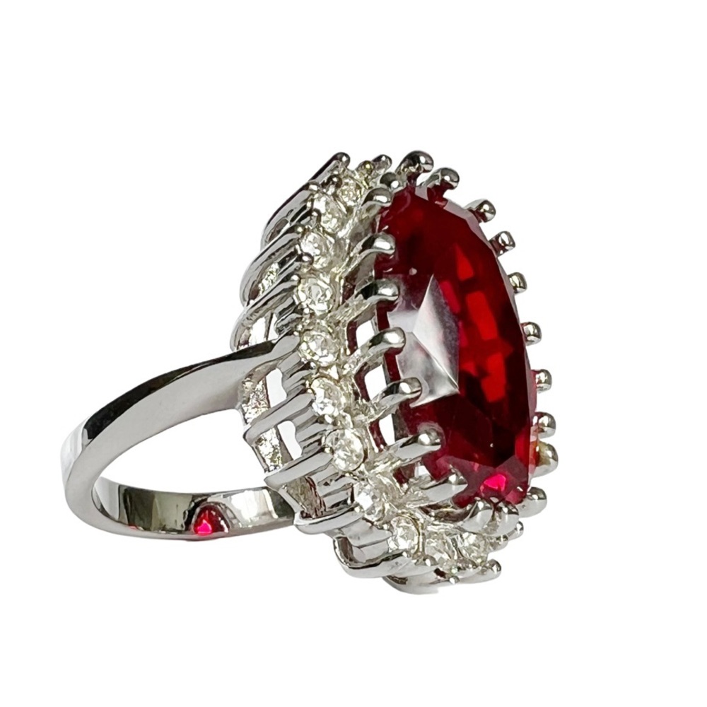 Pigeon Blood Ruby Simulated Gemstone With Round White Zirconias Halo